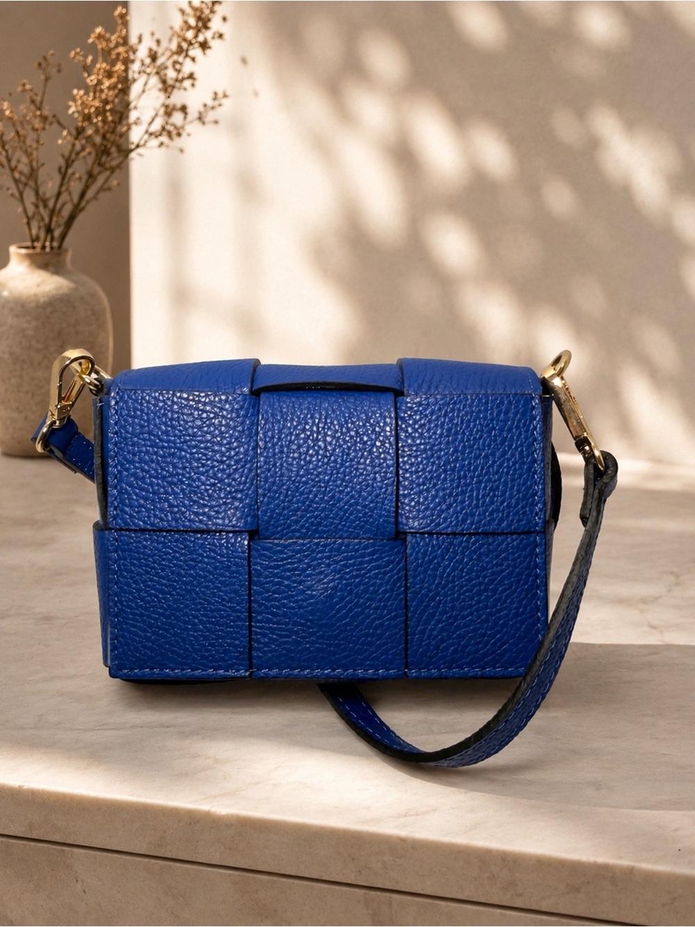 Made in Italy Genuine Leather Woven Crossbody Bag – Cobalt Blue